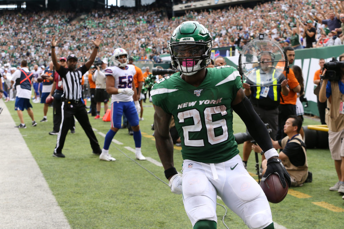 Le'Veon Bell celebrates a touchdown for the New York Jets against the Buffalo Bills in 2019..
