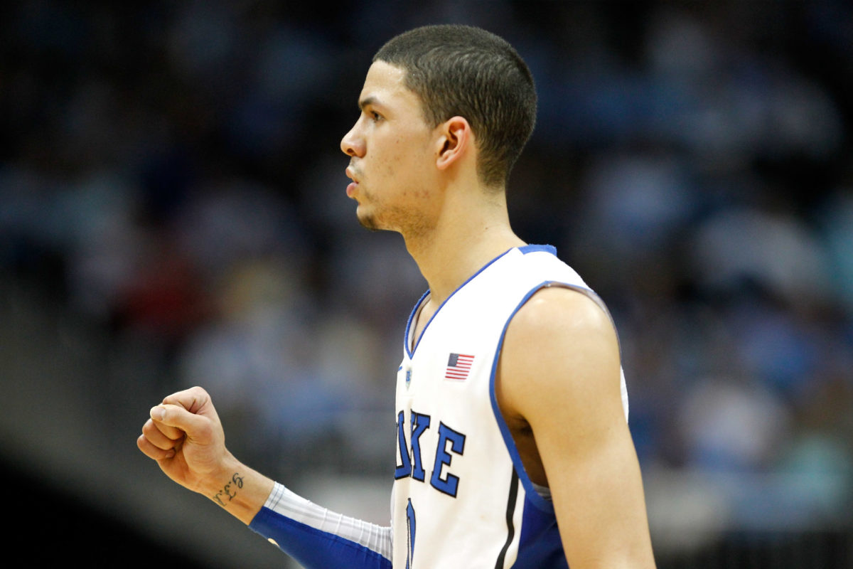 Austin Rivers playing on the court in the ACC Tournament for Duke.