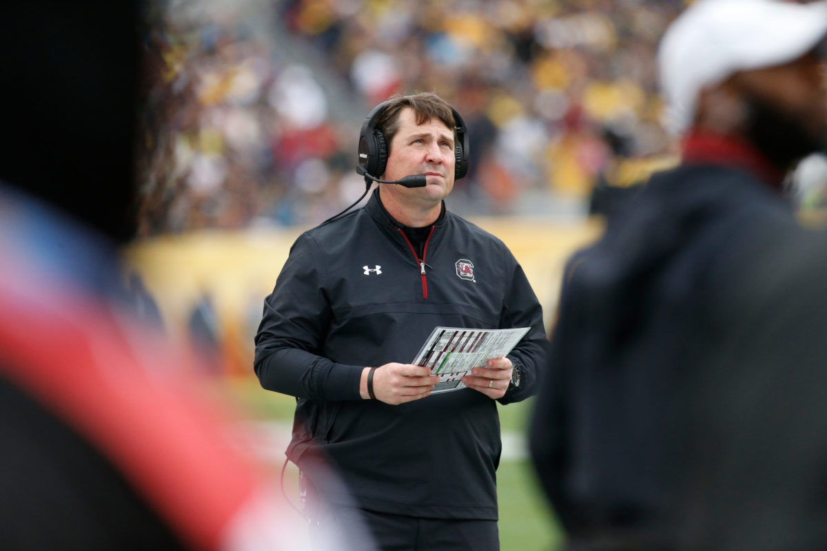 A closeup of South Carolina football coach Will Muschamp during a football game at the Outback Bowl in Florida to end the 2017 season.