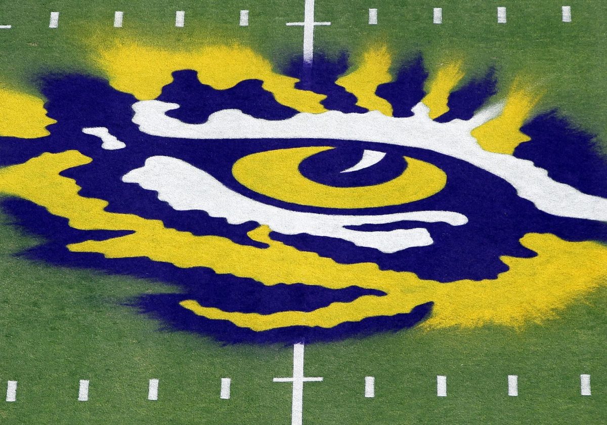 A closeup of LSU's Tiger eye logo.
