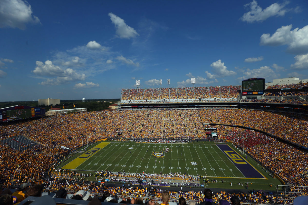 A wide-angle view of LSU playing Auburn at Tiger Stadium.