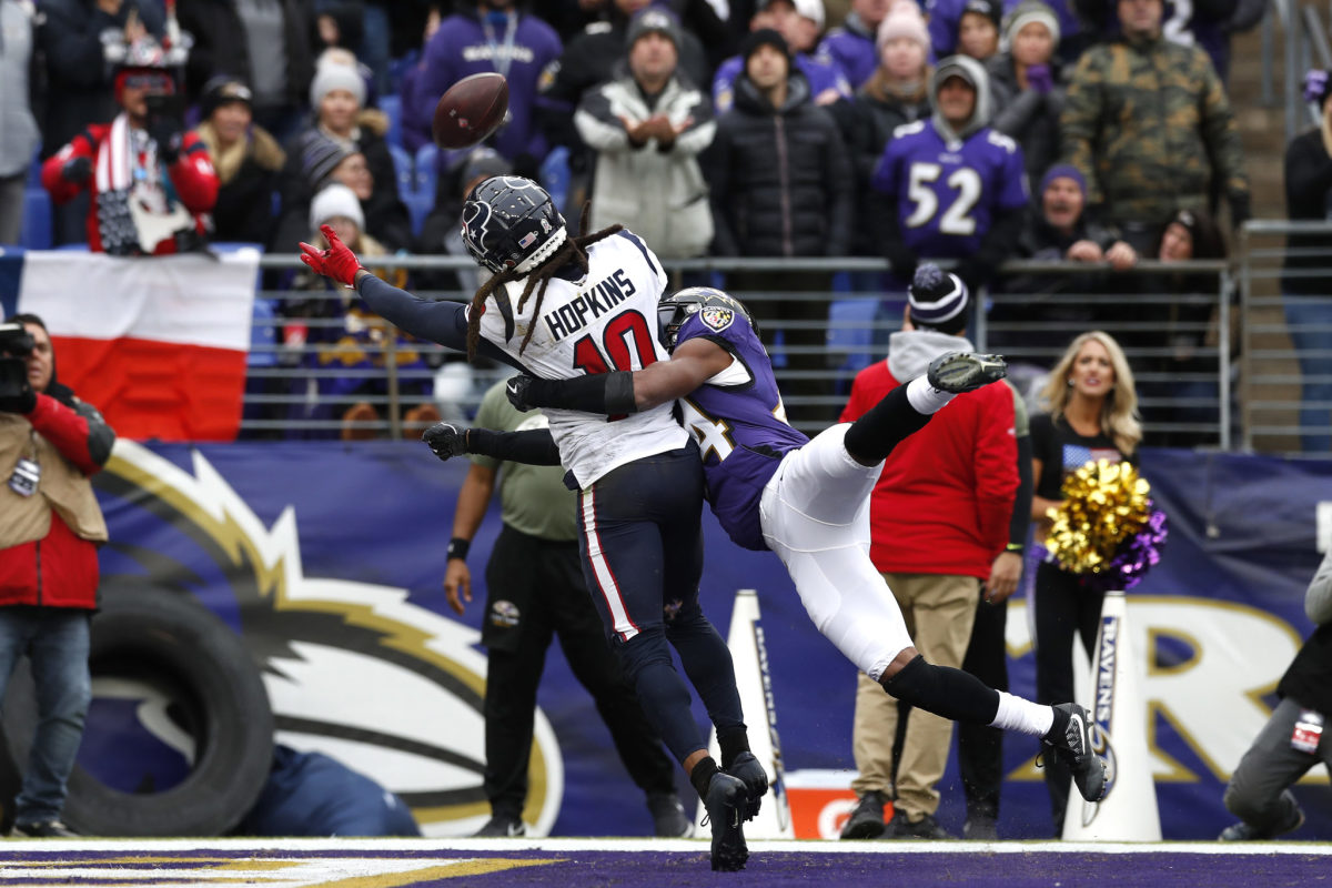 DeAndre Hopkins gets interfered with against the Ravens.