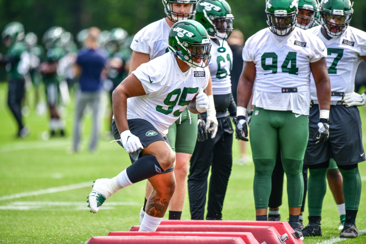 Quinnen Williams of the NFL's New York Jets practicing at training camp.