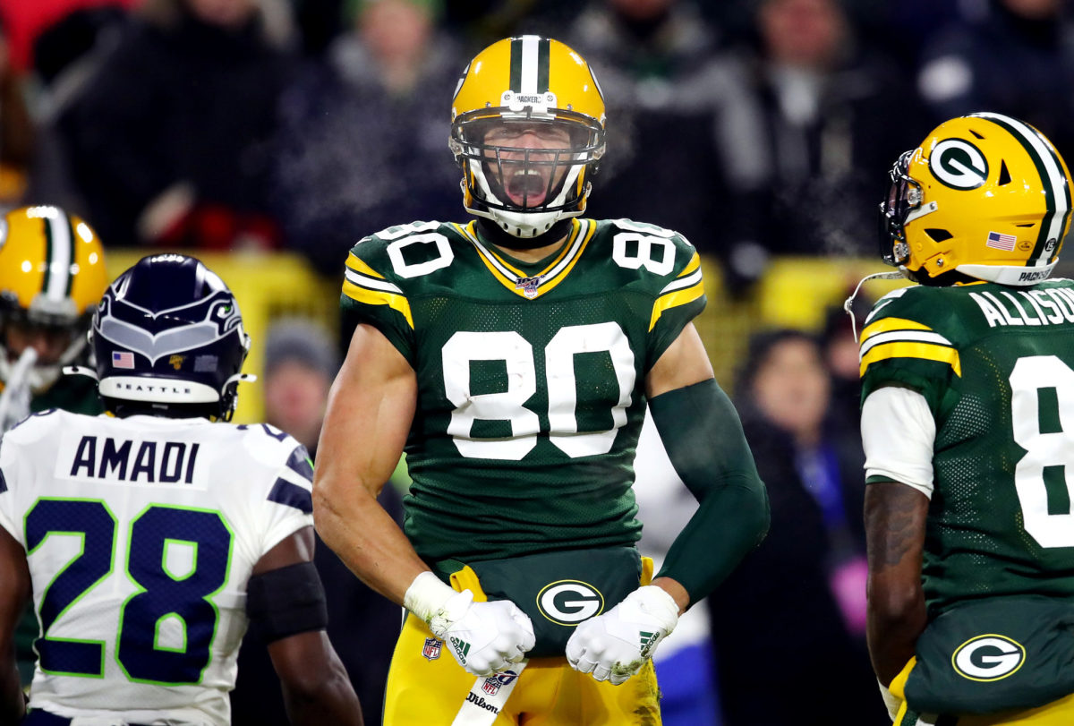 Packers tight end Jimmy Graham celebrates the win over the Seahawks.
