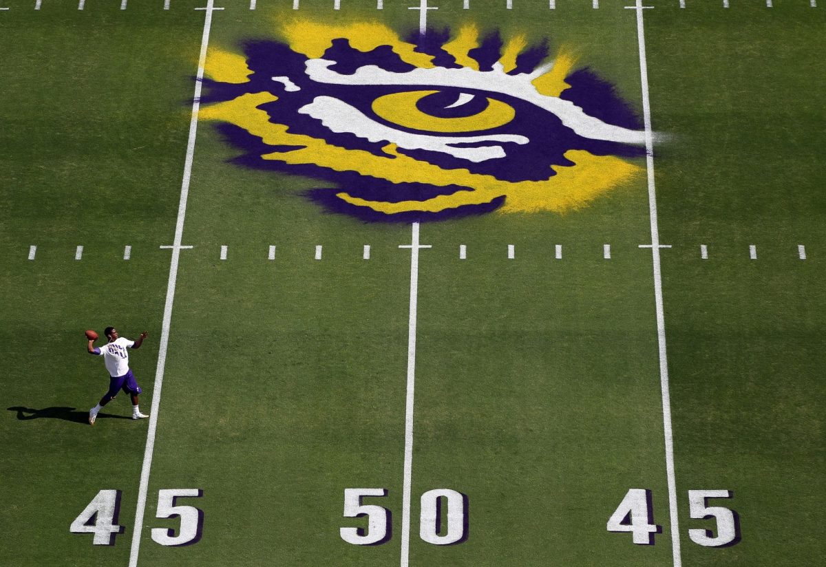 A closeup of LSU's Tiger eye logo.