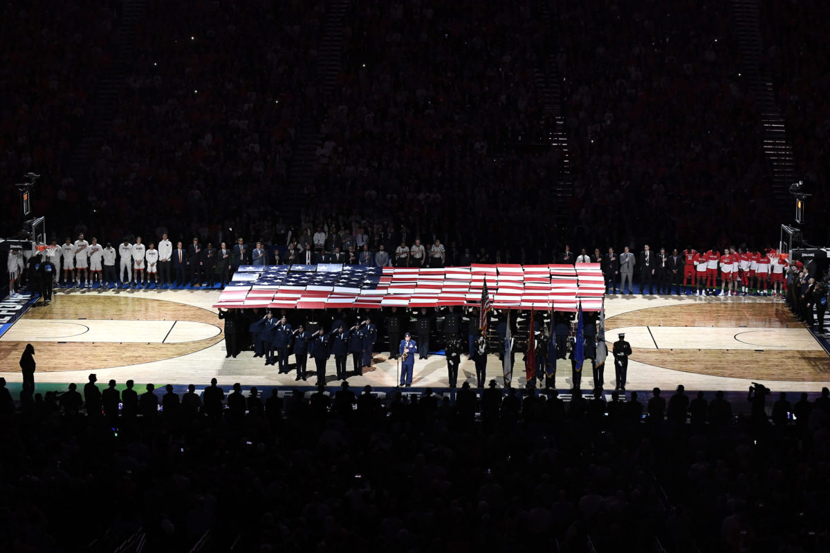 A view of the National Anthem prior to the 2019 NCAA Tournament National Title game.