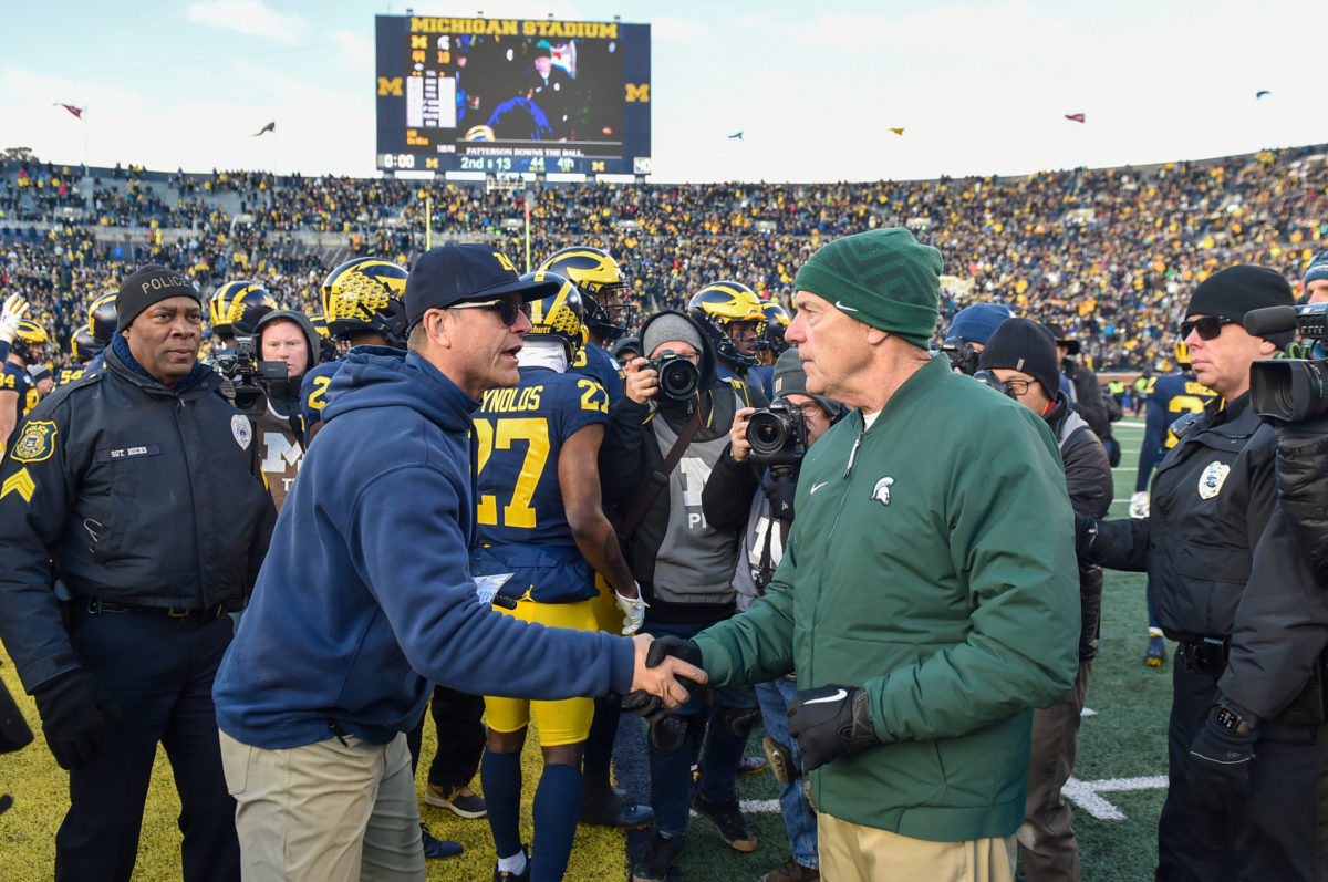 Jim Harbaugh and Mark Dantonio after the game in Ann Arbor on Nov. 16.