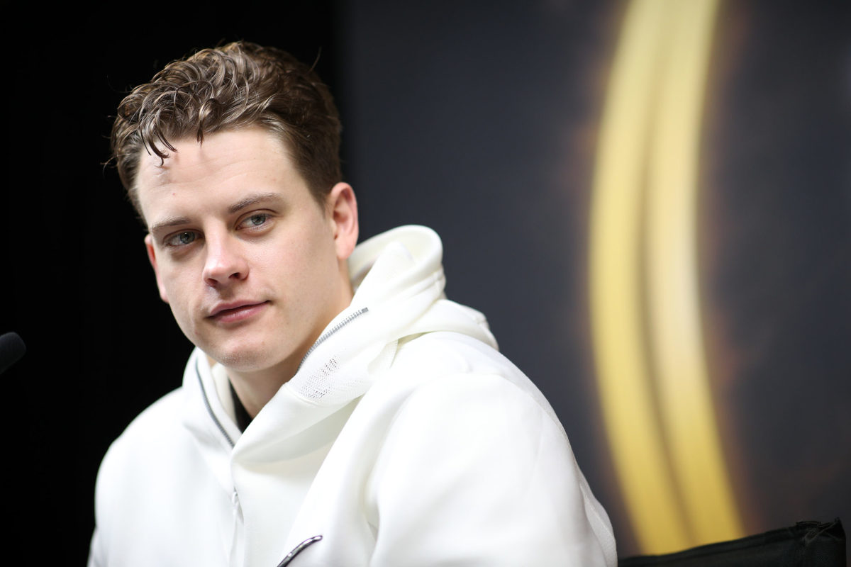 Joe Burrow speaks to reporters at the College Football Playoff national championship.