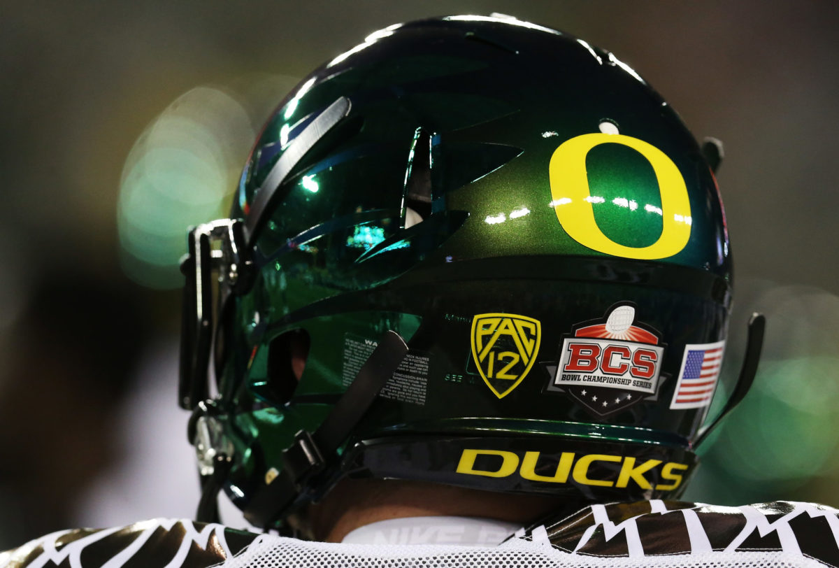 A close-up of an Oregon helmet during the Fiesta Bowl.