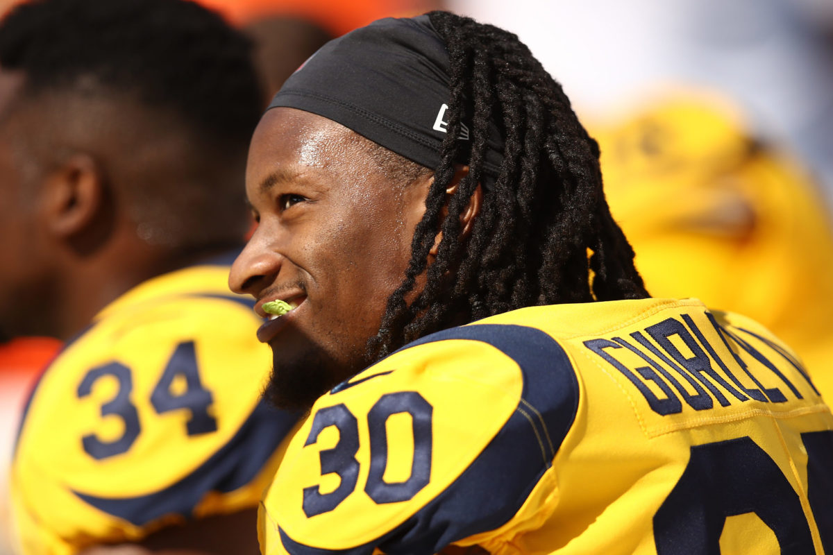 A closeup of Rams RB Todd Gurley in the team's alternate yellow uniforms.