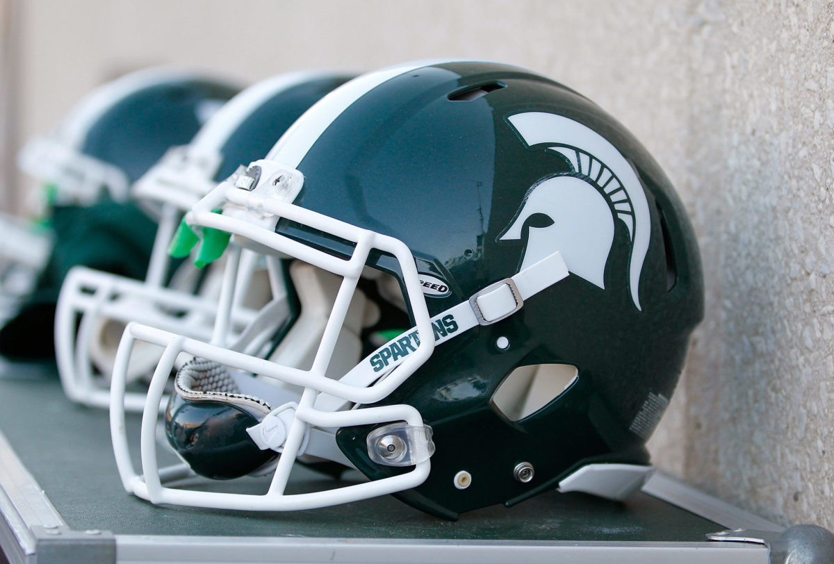 A closeup of a Michigan State football helmet.