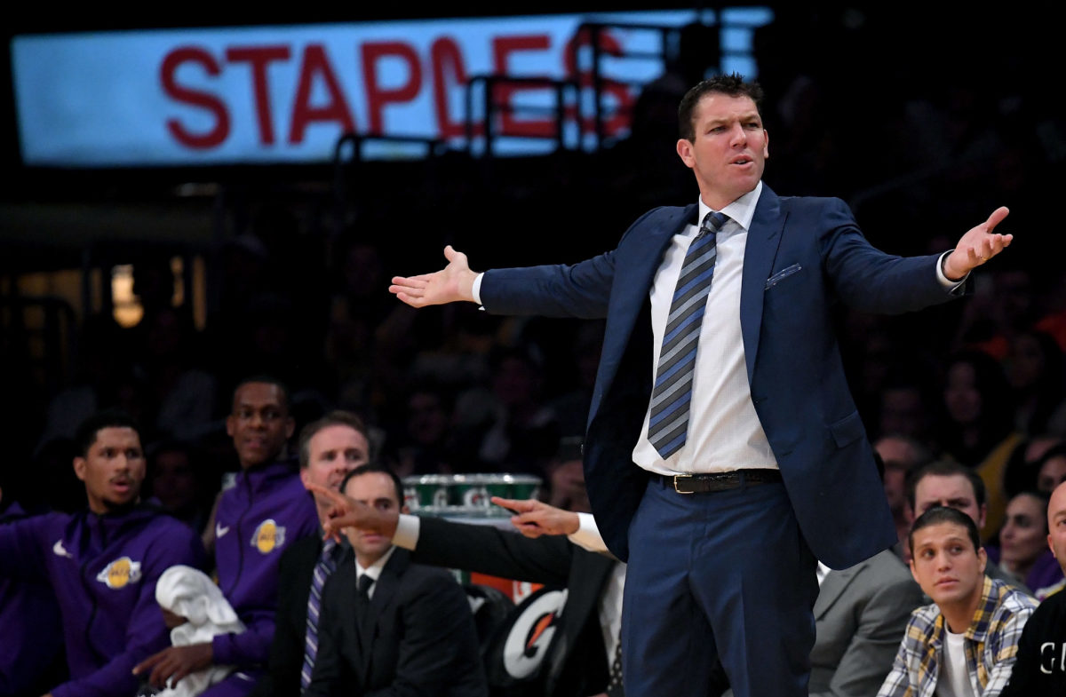 Lakers head coach Luke Walton upset with a call during a game.