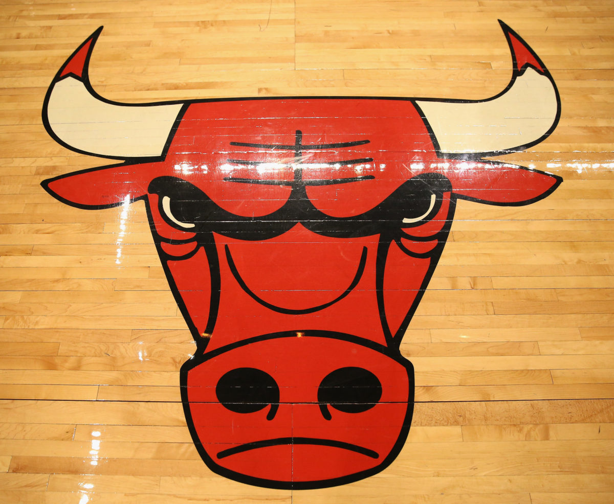 A view of the Chicago Bulls logo on the court.