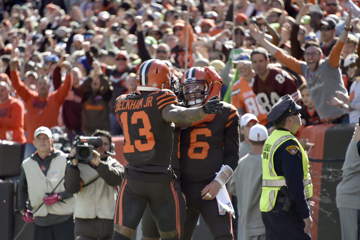 Baker Mayfield and Odell Beckham Jr. celebrate a Browns touchdown.