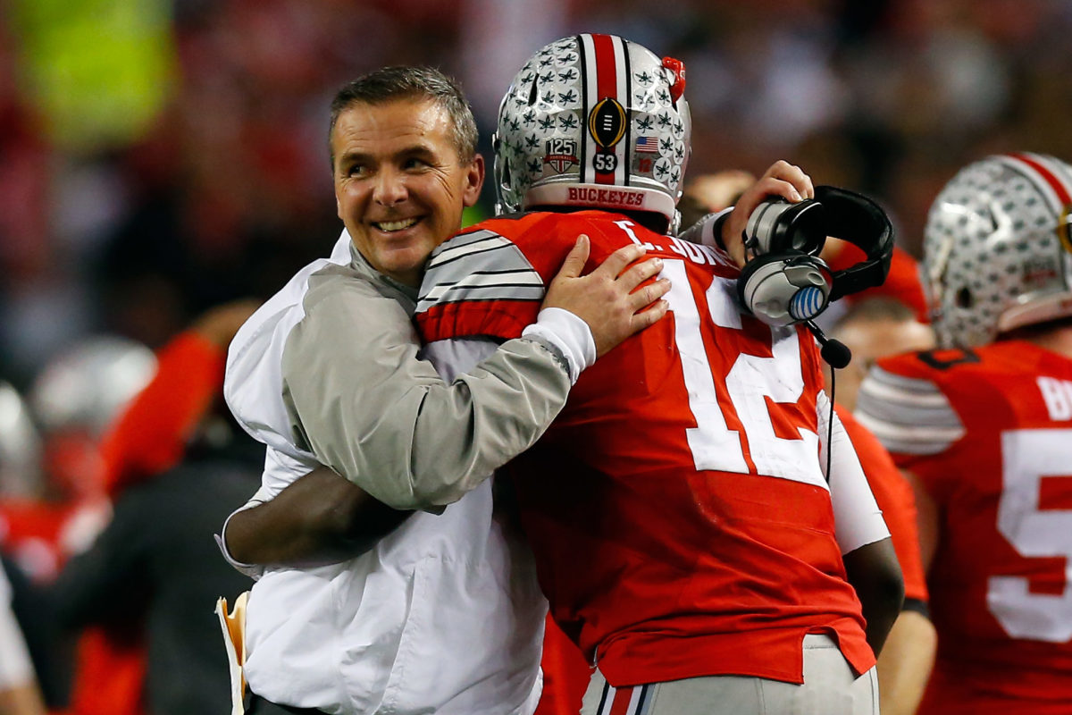 Urban Meyer hugging Cardale Jones during the College Football Playoff National Championship.