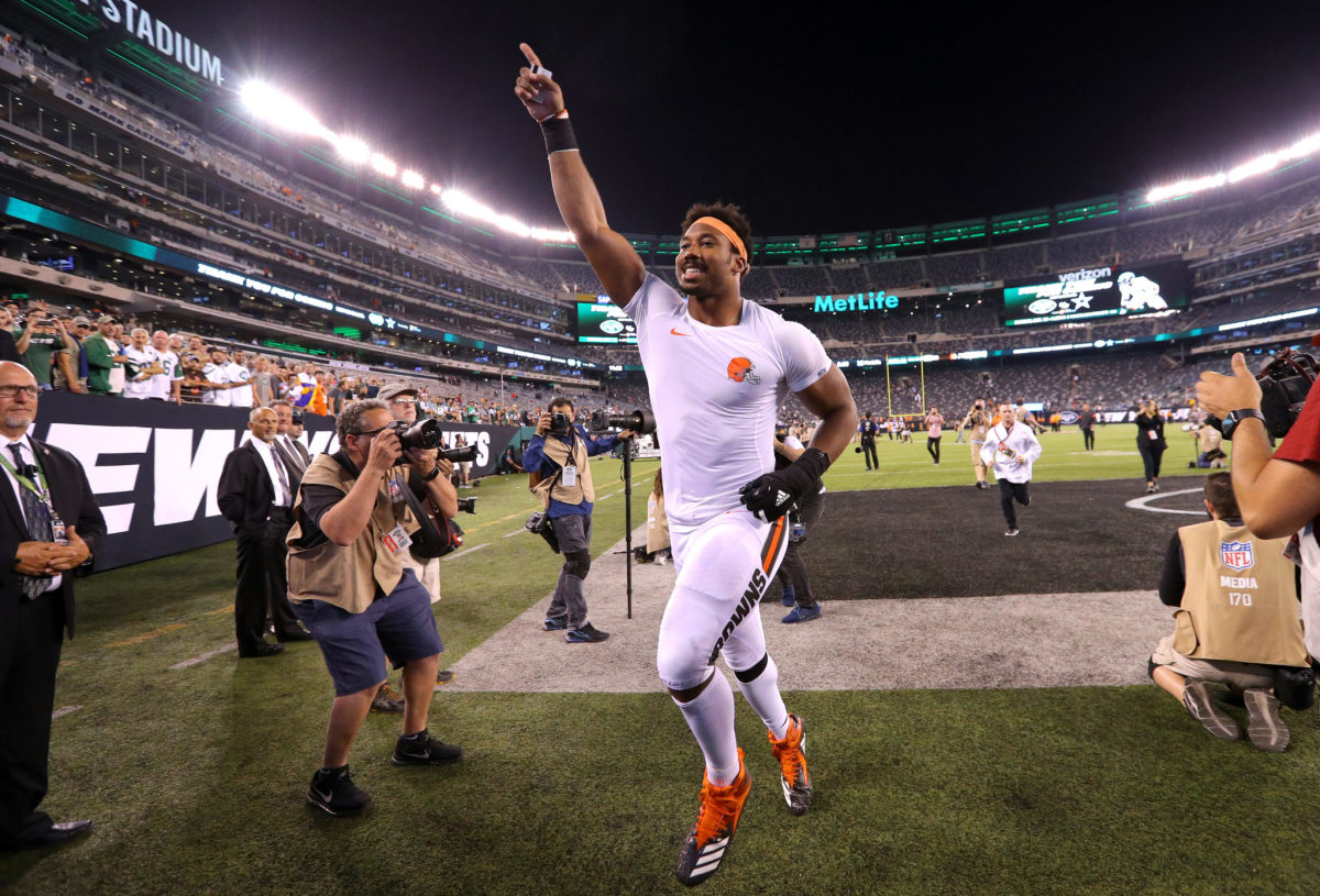 Myles Garrett runs off the field after the Cleveland Browns' Monday Night Football win over the New York Jets.