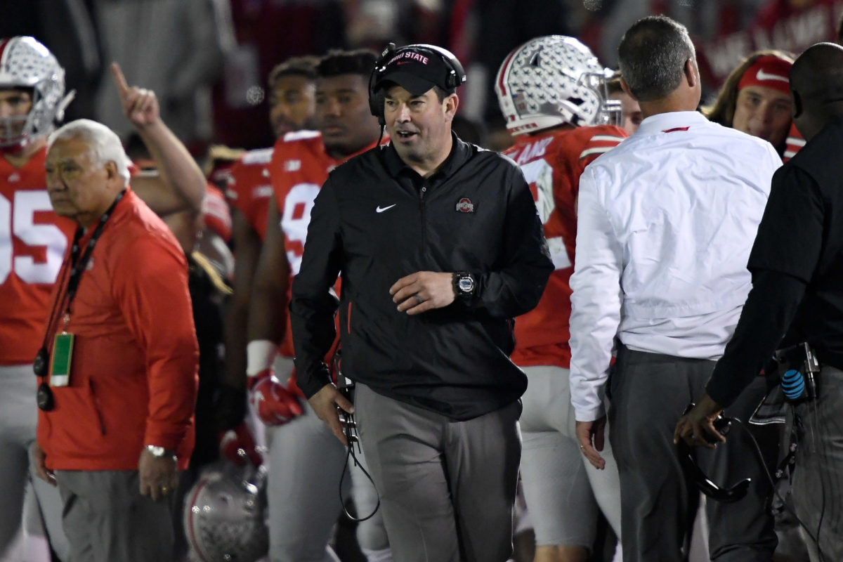 Ohio State coach Ryan Day on the sideline during a football game.
