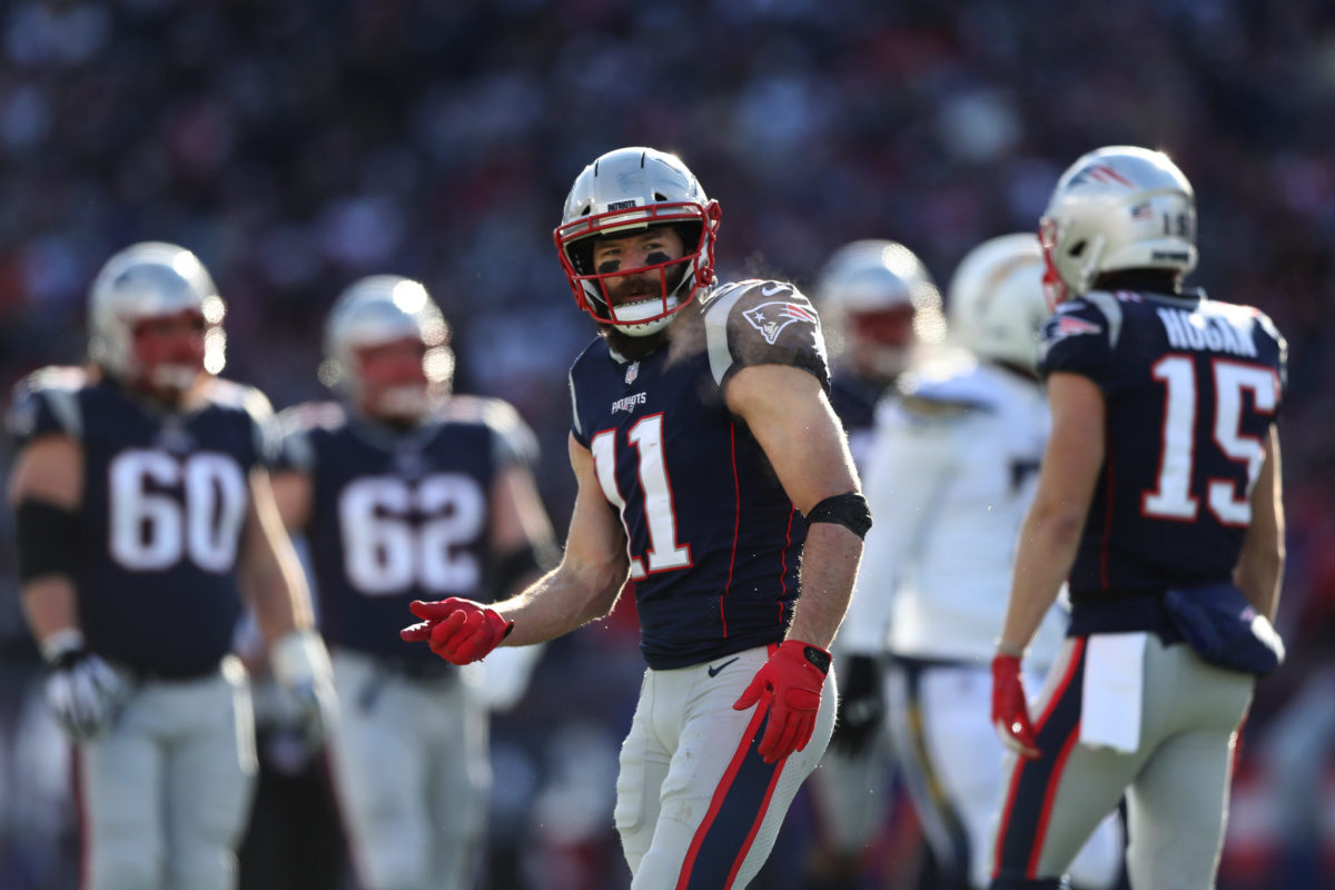 New England Patriots wide receiver Julian Edelman reacting during a game against the Chargers.