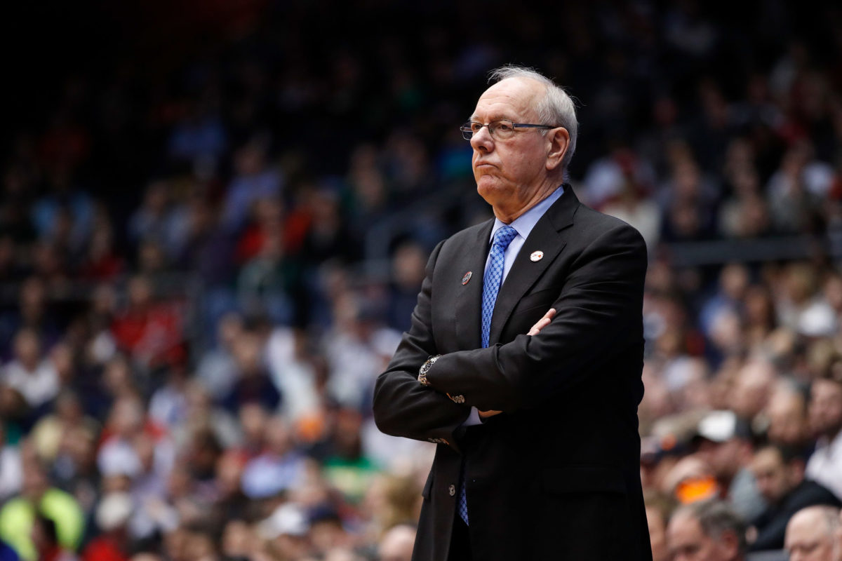 Jim Boeheim looks on from the sideline for Syracuse.