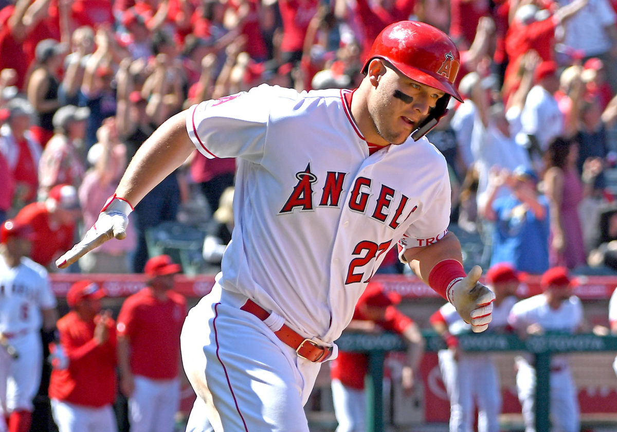 A closeup of Mike Trout after hitting a grand slam.