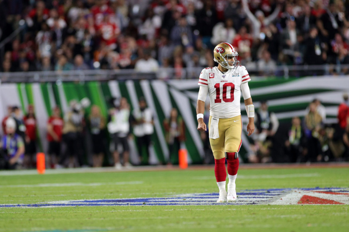 Jimmy Garoppolo of the San Francisco 49ers reacts during the Super Bowl.