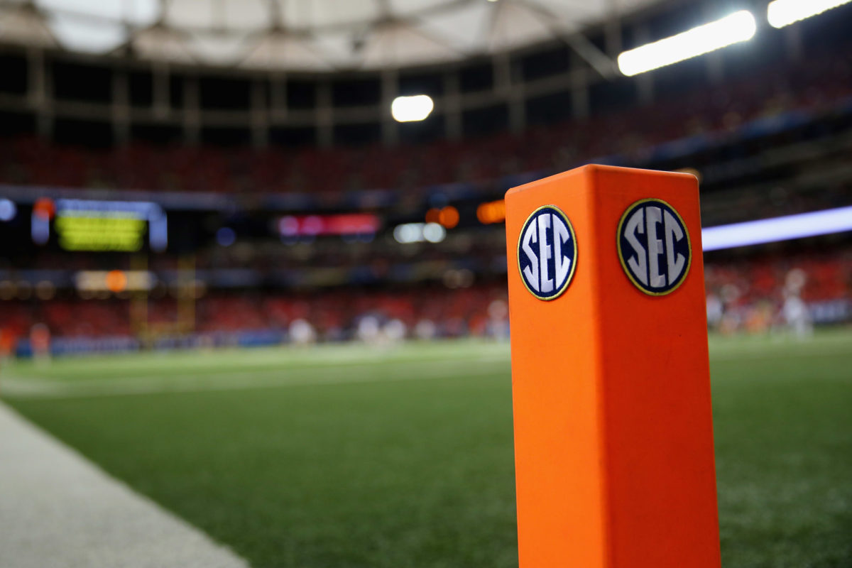 A pylon with the SEC logo on it.