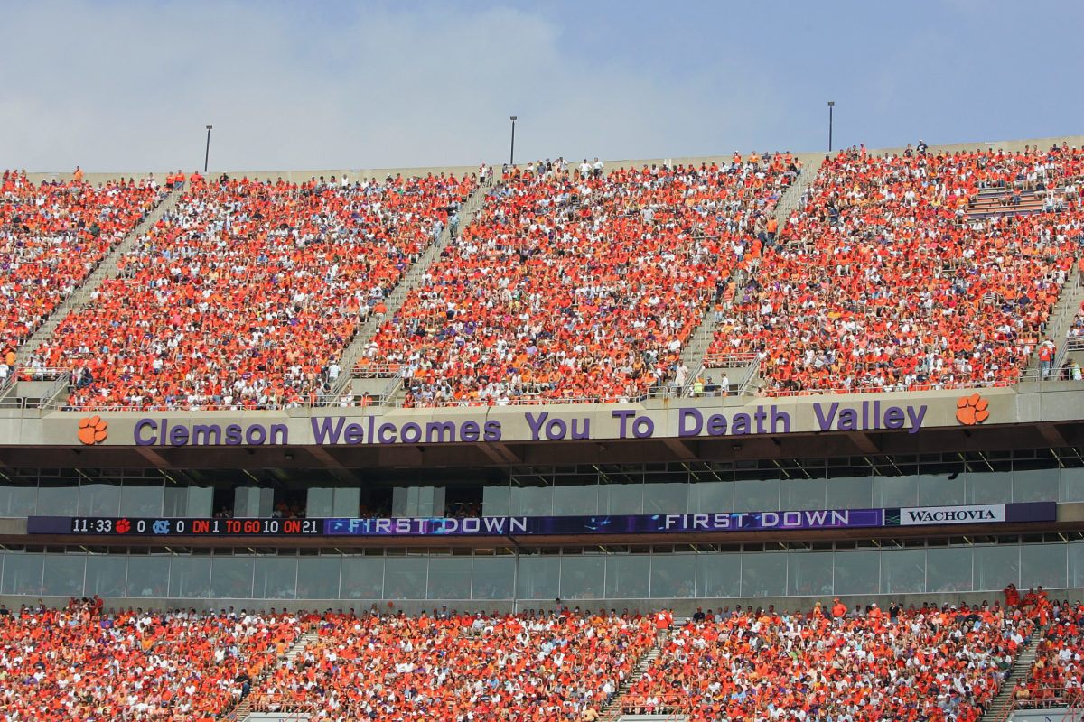 A view of the fans in Clemson's football stadium during a game.