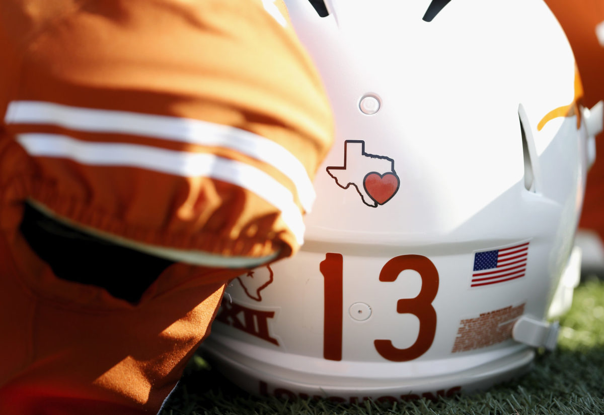 A closeup of a Texas Longhorns football helmet.
