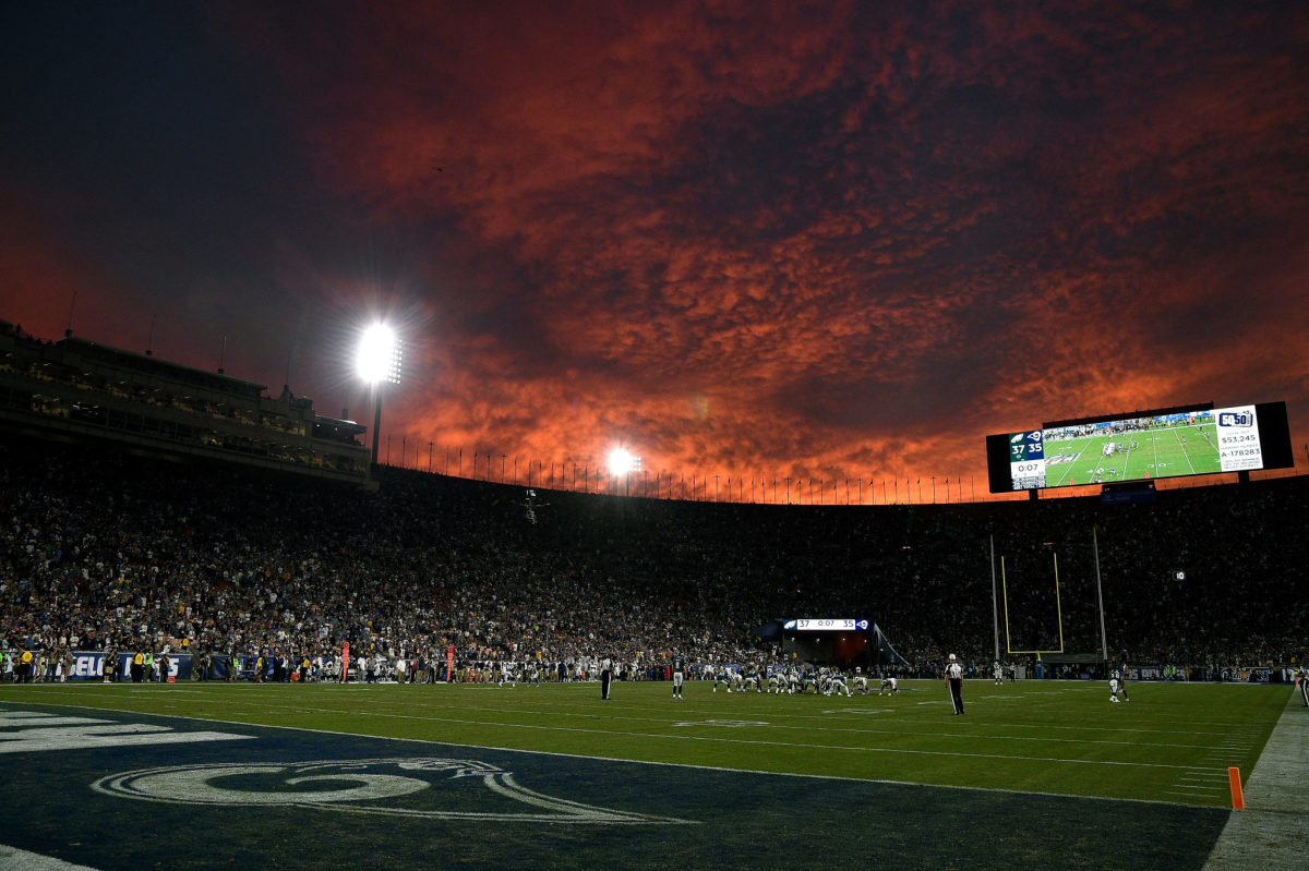 The sun sets behind the game between the Los Angeles Rams and Philadelphia Eagles.