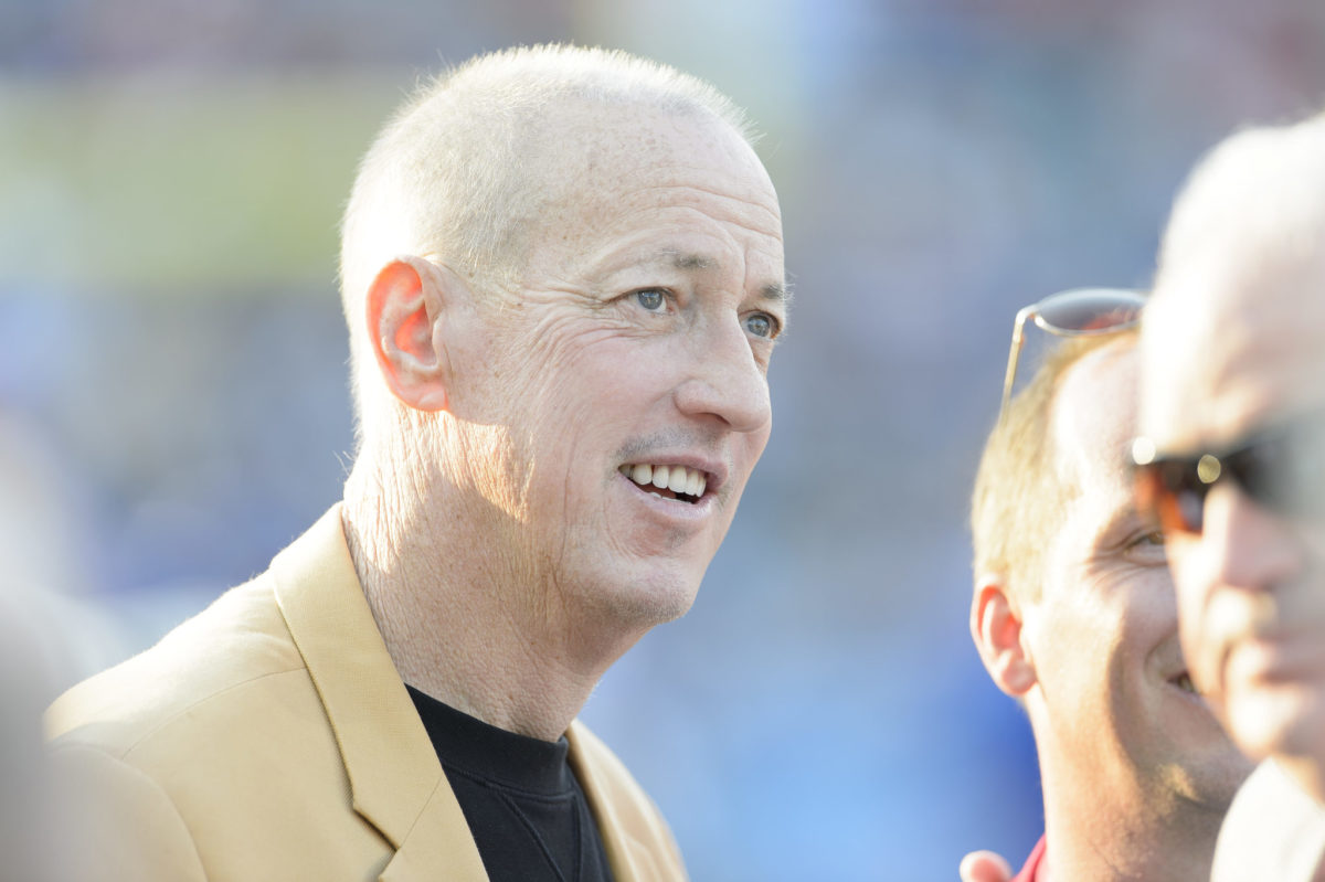 CANTON, OH - AUGUST 3: Jim Kelly on the sidelines prior to the game between the Buffalo Bills and the New York Giants at the 2014 NFL Hall of Fame Game at Fawcett Stadium on August 3, 2014 in Canton, Ohio. (Photo by Jason Miller/Getty Images)