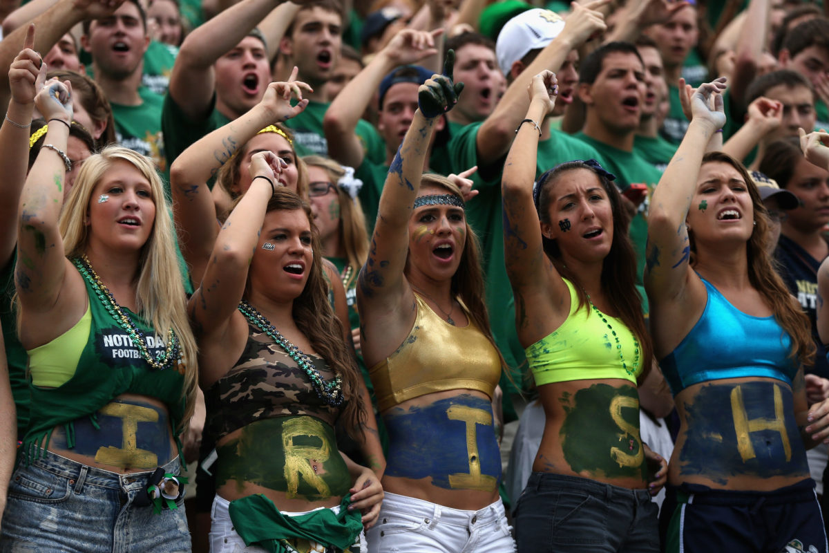 Student fans of the Notre Dame Fighting Irish cheer for their team against the Temple Owls.