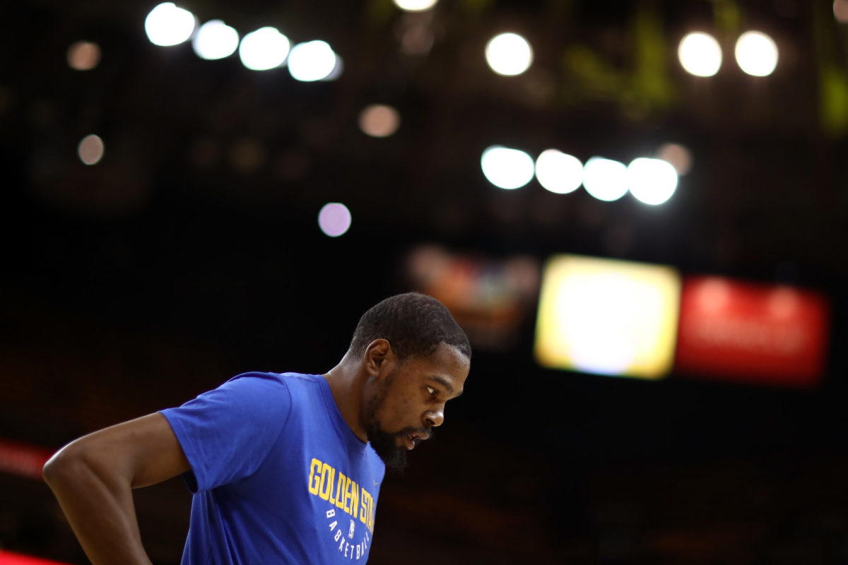A closeup of Kevin Durant during warmups.
