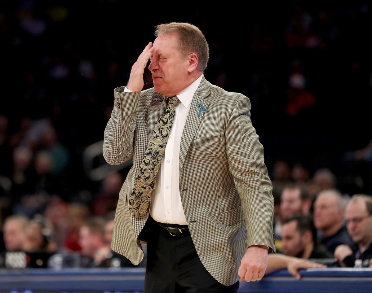 Tom Izzo reacting during a Michigan State Spartans basketball game.