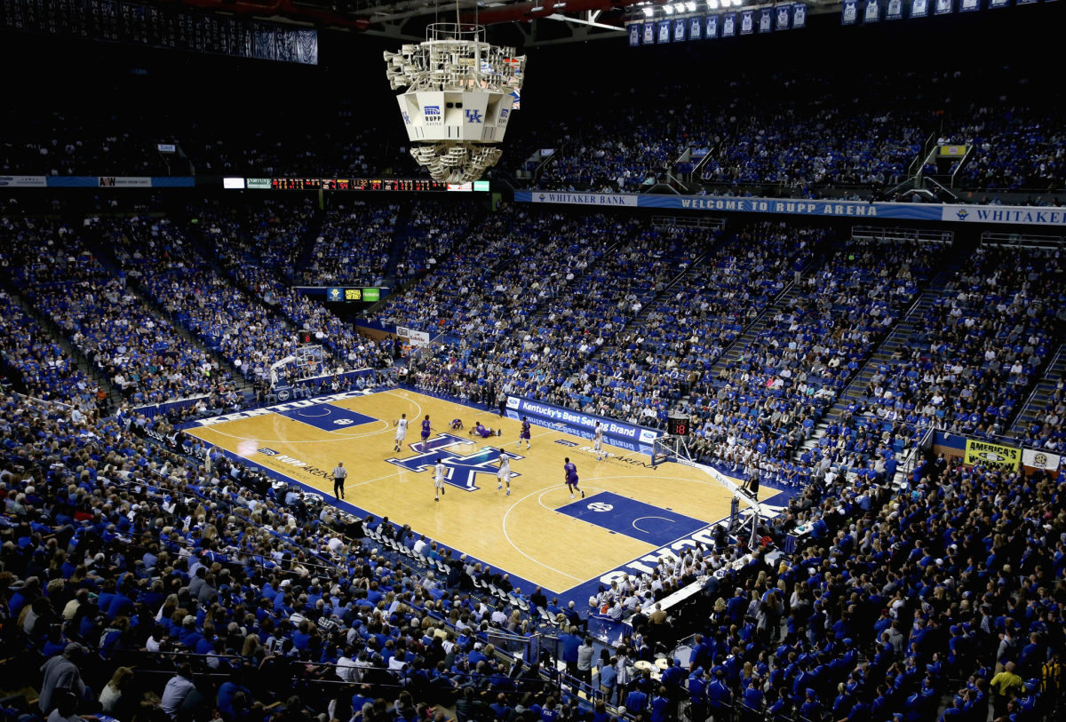 An overhead shot of Rupp Arena during a game.