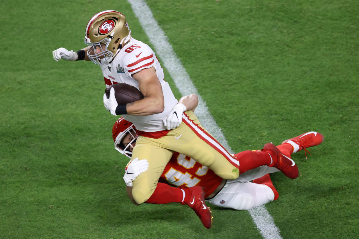 George Kittle takes on the Kansas City Chiefs in the Super Bowl.
