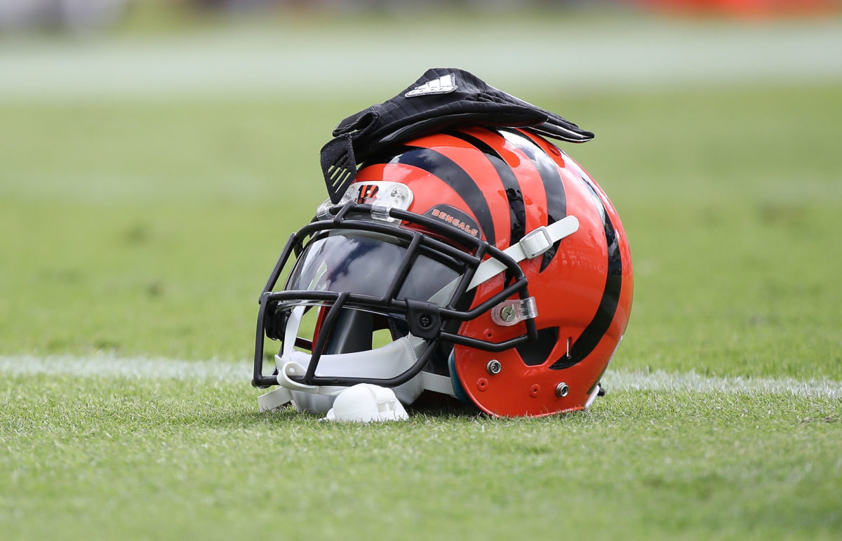 A general photo of a Cincinnati Bengals helmet on the field.
