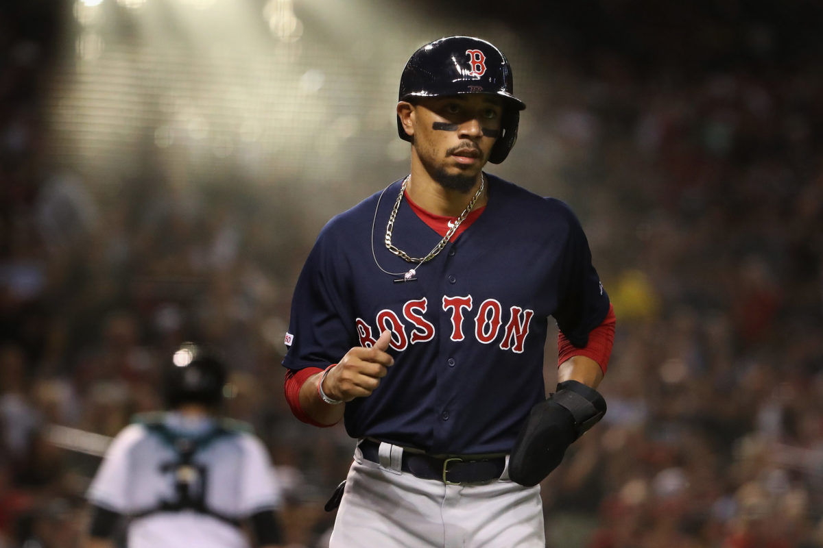 A closeup of Mookie Betts during a game.