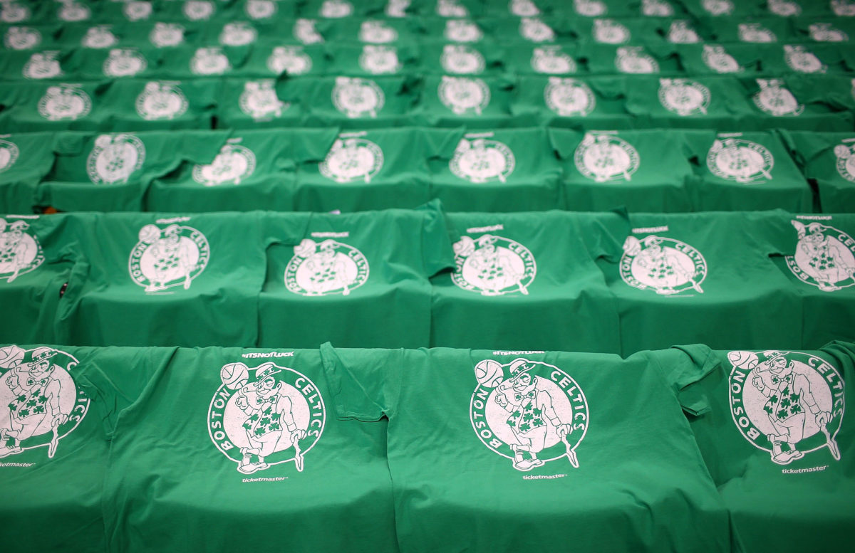 Boston Celtics t-shirts on the seats in the TD Garden.