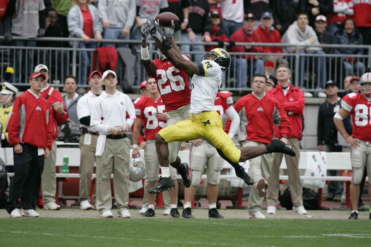 Braylon Edwards goes up for a catch during Michigan vs. Ohio State.