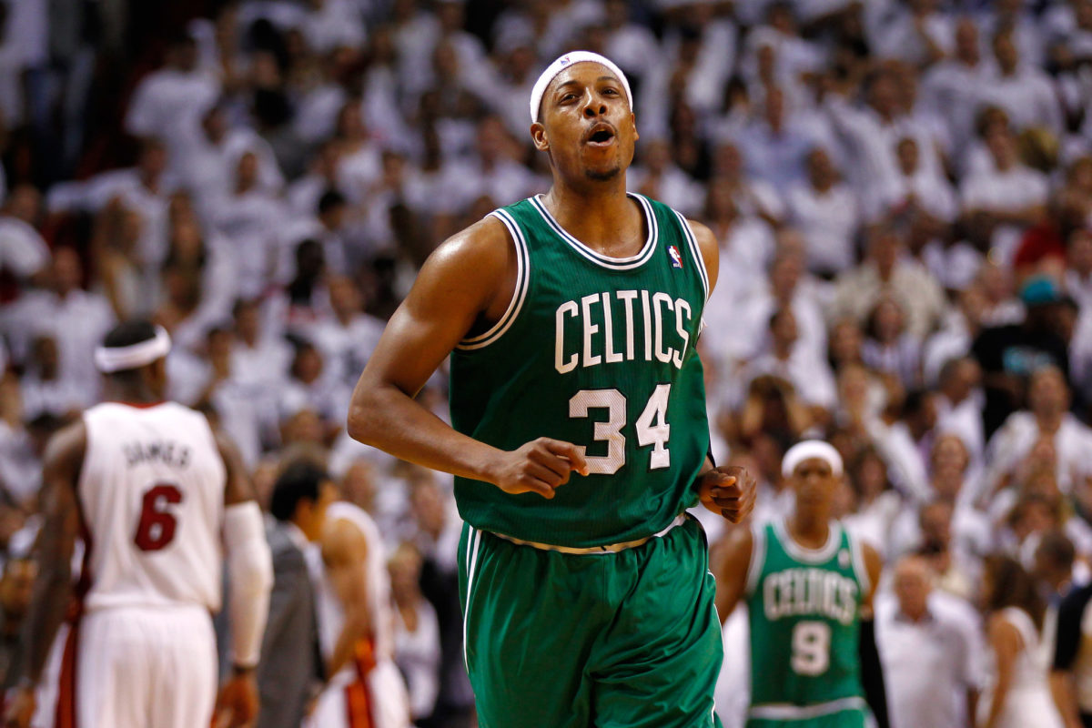 Paul Pierce celebrating during a game for the Celtics.