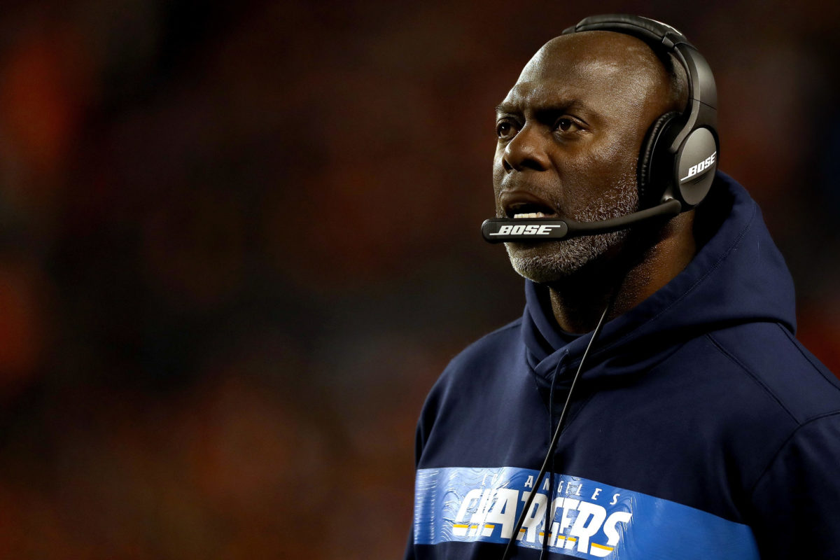 A closeup of Los Angeles Chargers coach Anthony Lynn.