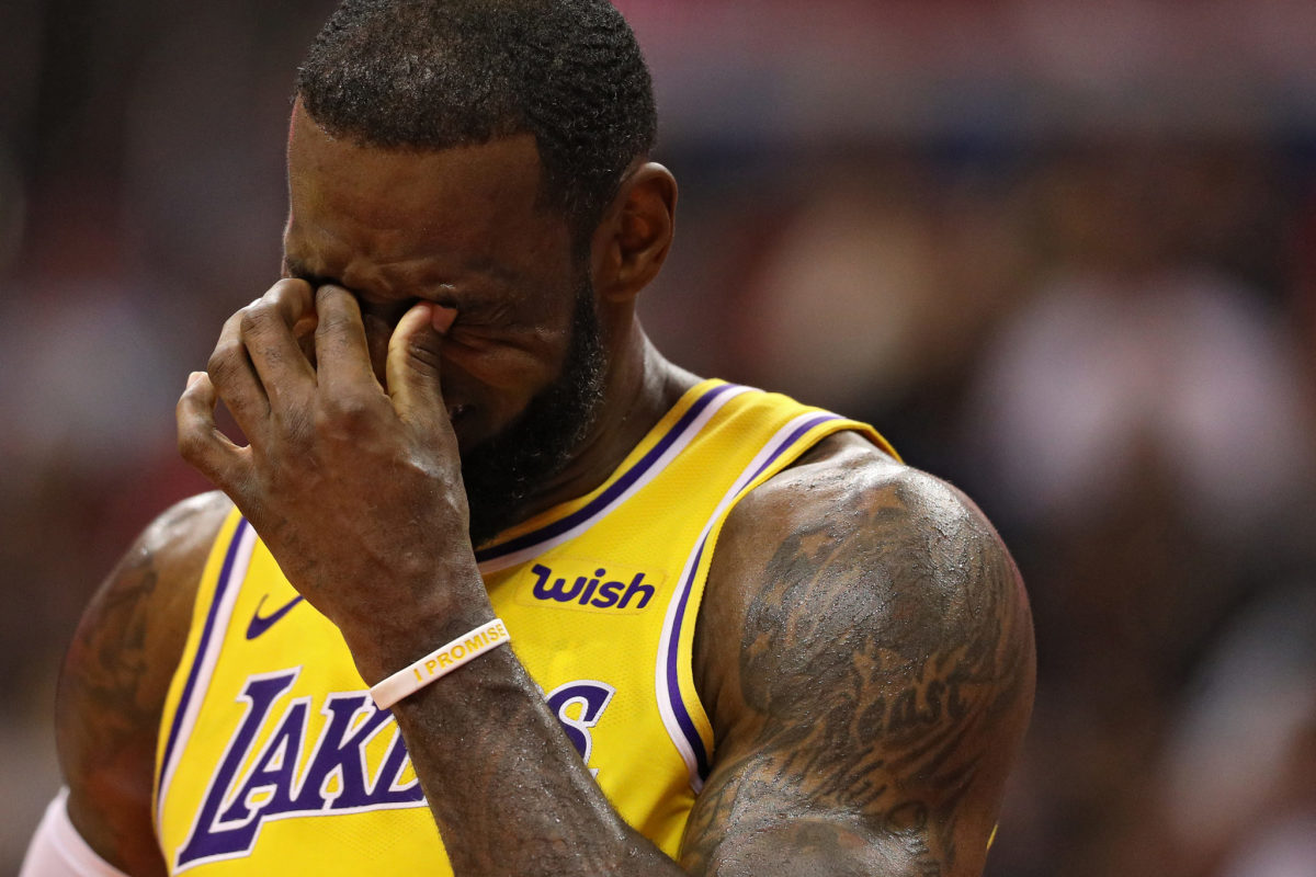 LeBron James looking distressed during a game.