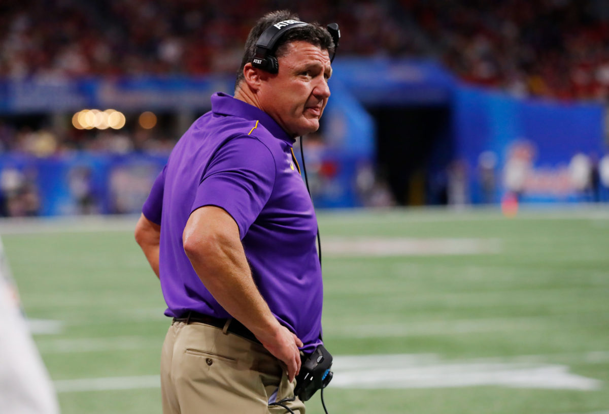 Coach O on the field during LSU vs. Oklahoma.