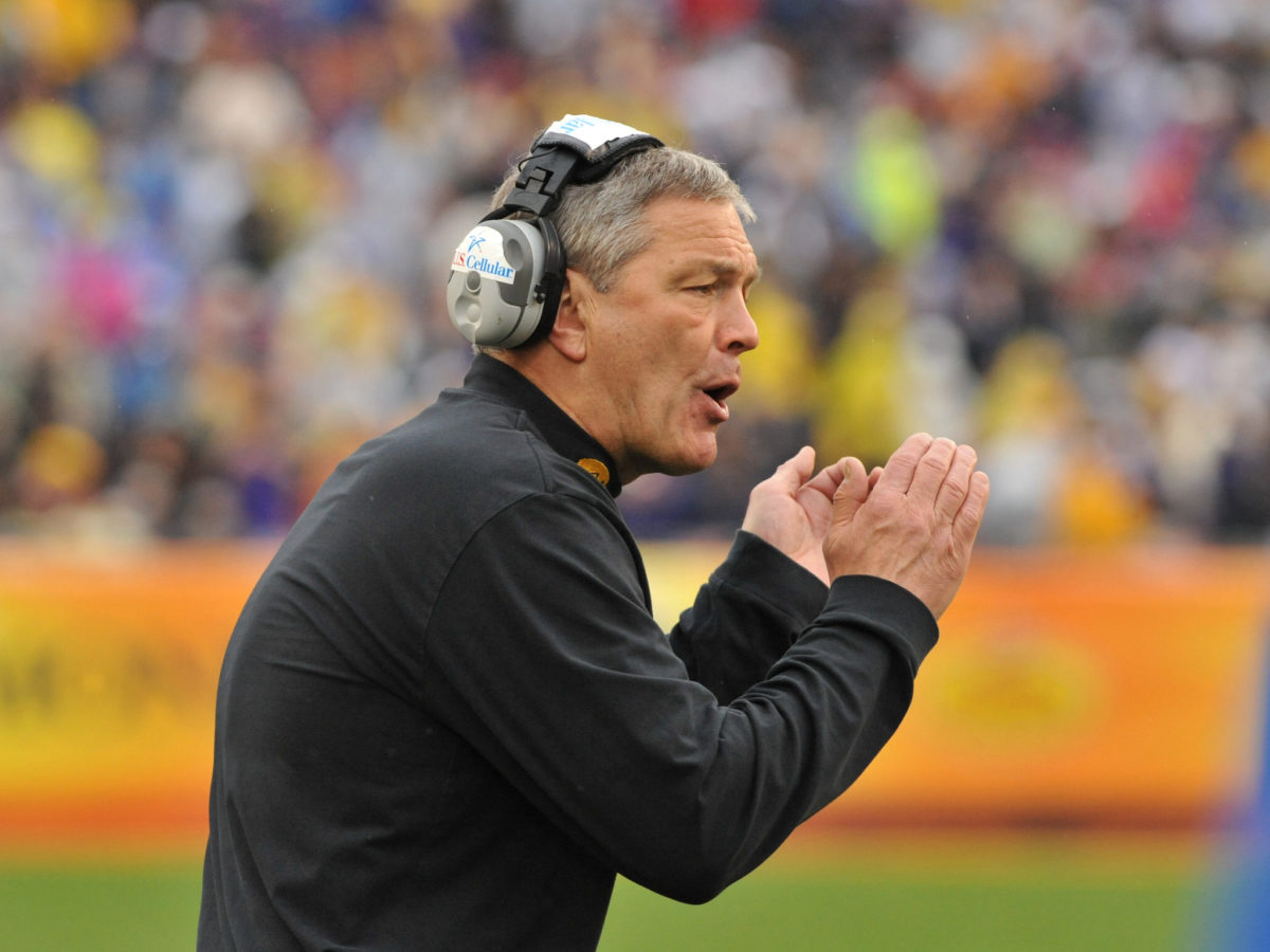 Kirk Ferentz makes a play call during Outback bowl.