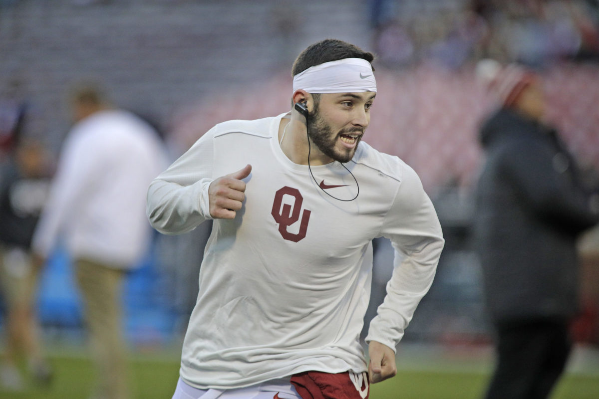 Baker Mayfield warming up before a game.