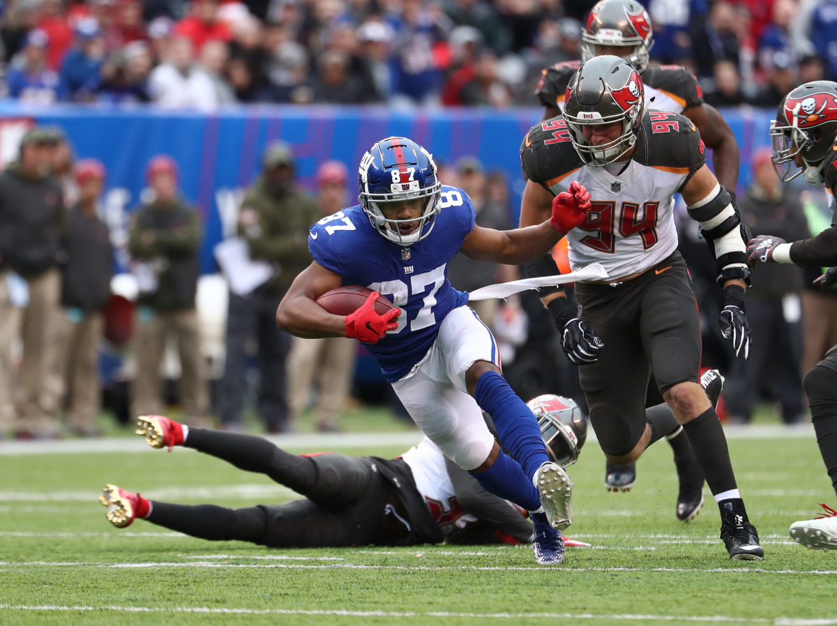 New York Giants AD Sterling Shepard runs with the ball against the Tampa Bay Buccaneers.