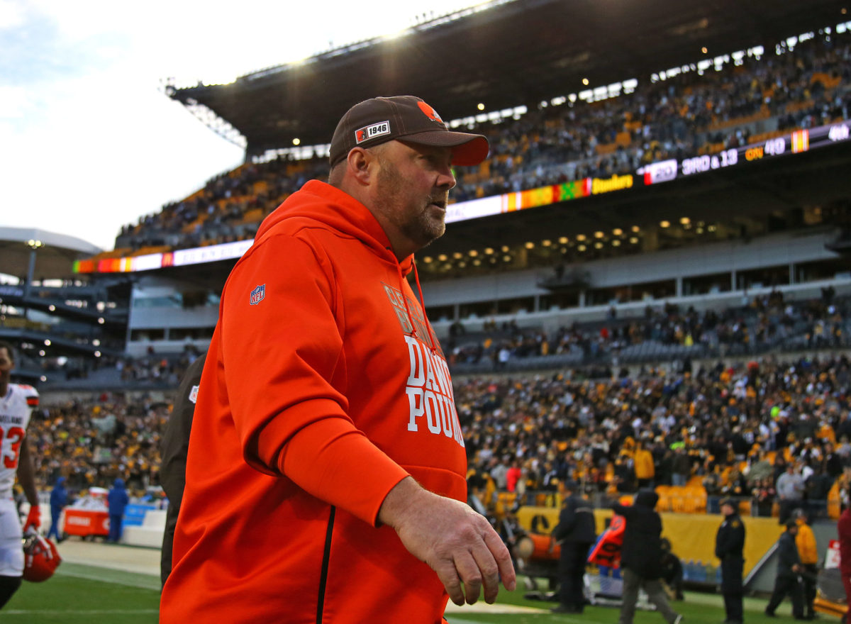 Browns head coach Freddie Kitchens on the field in Pittsburgh.
