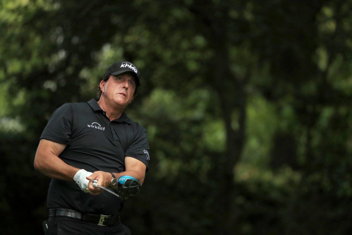 Phil Mickelson after hitting a golf ball.
