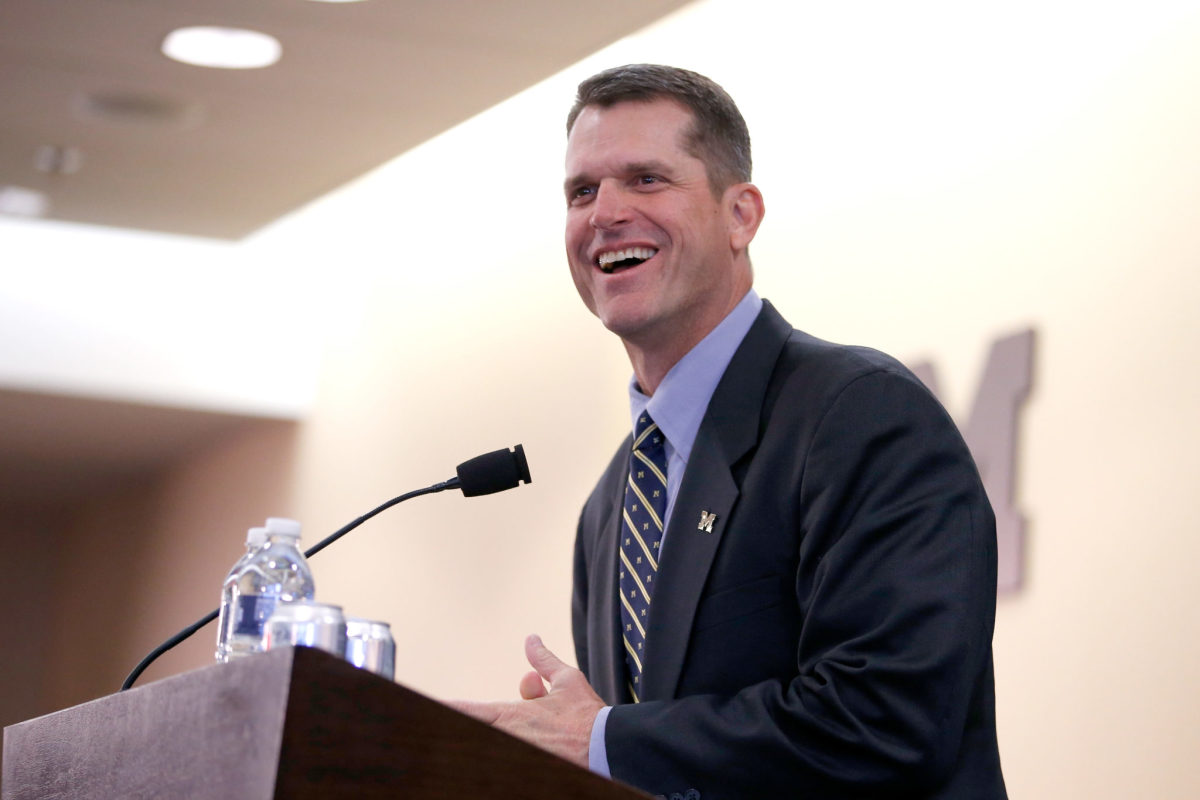 Jim Harbaugh speaks as he is introduced as the new Head Coach of the University of Michigan football team.