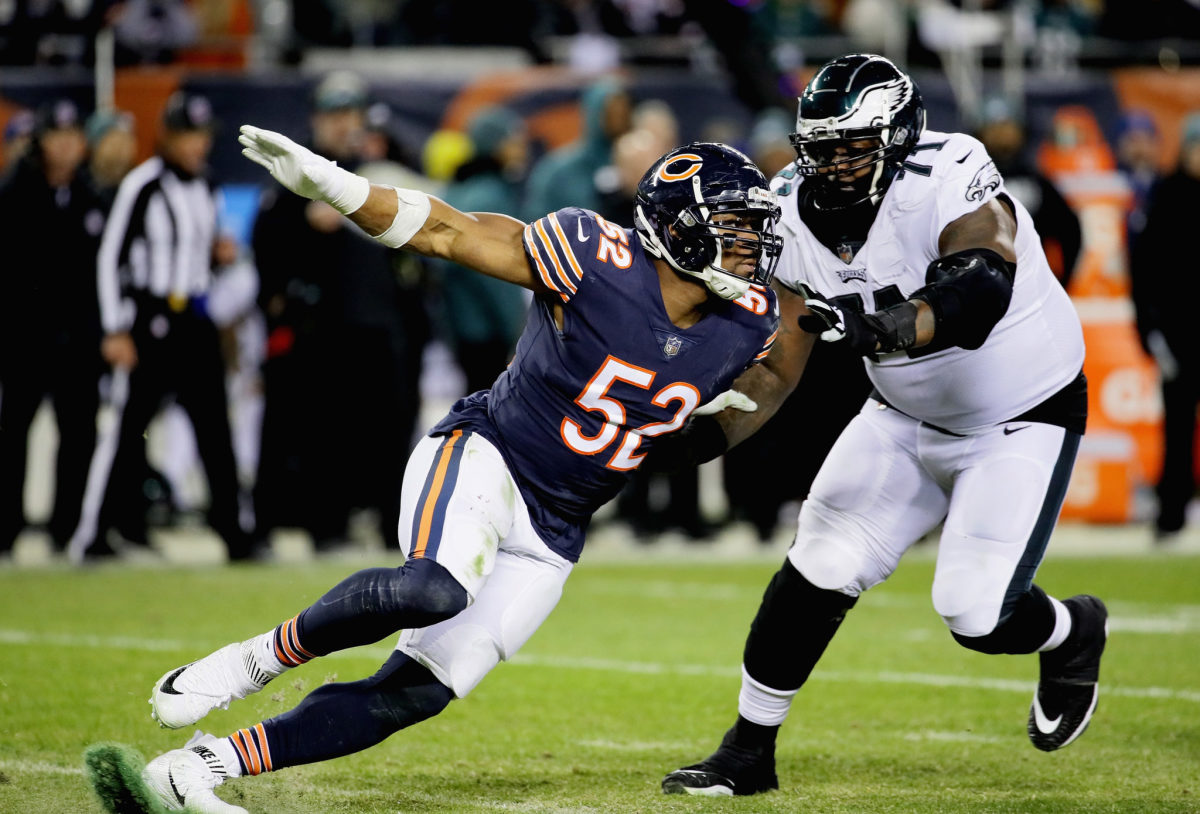 Chicago Bears star Khalil Mack rushing past Jason Peters.